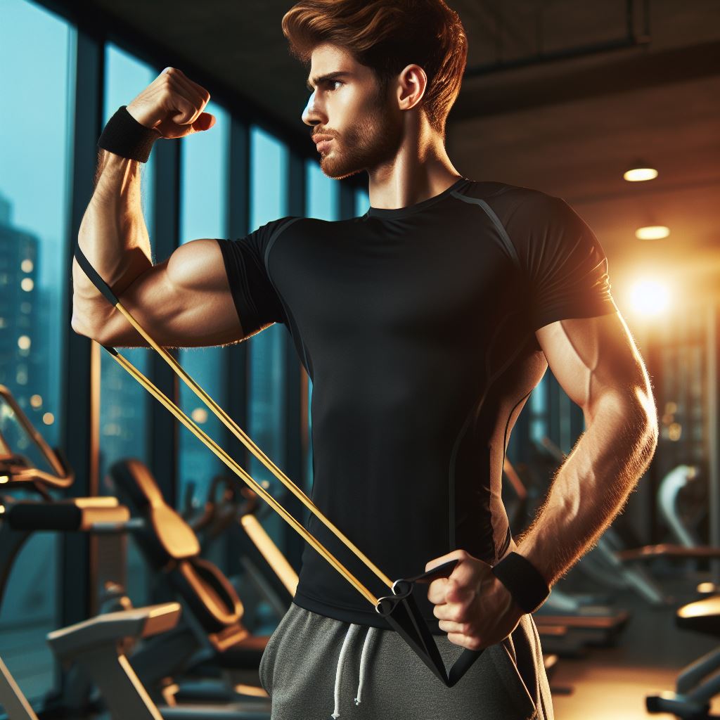 A man working out in his home gym with resistance bands