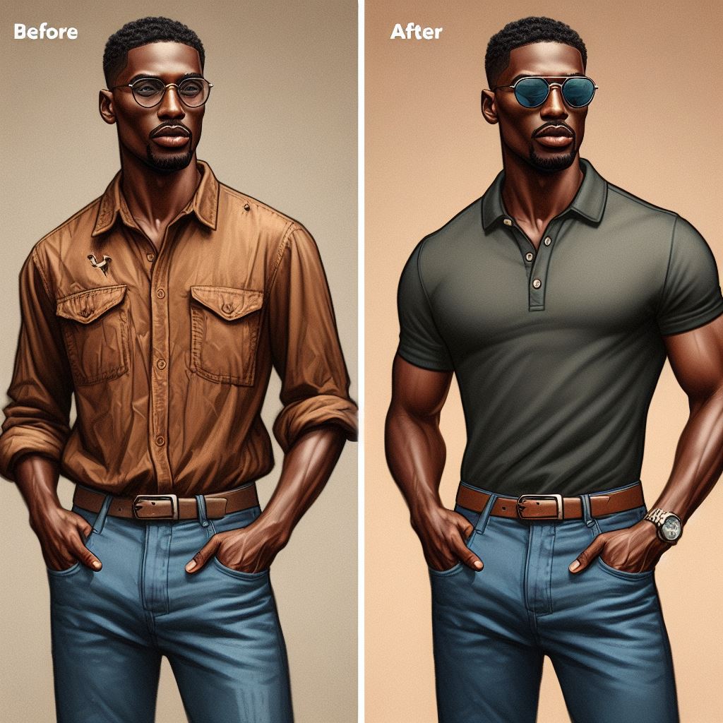 before and after upgrading your casual wardrobe example with new accessories