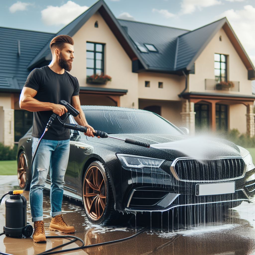 A man washing a luxury car after learning how to start a mobile detailing business.