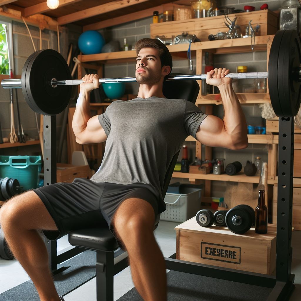 A man working out in his garage surrounded by home gym equipment