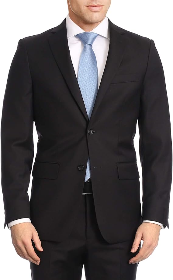 A man wearing Label M Classic Fit Two Button 100% Wool 2 Piece Suit